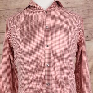 Van Heusen Studio Dress Shirt Mens 15.5 32/33 Red Gingham Slim Fit Wrinkle Free
